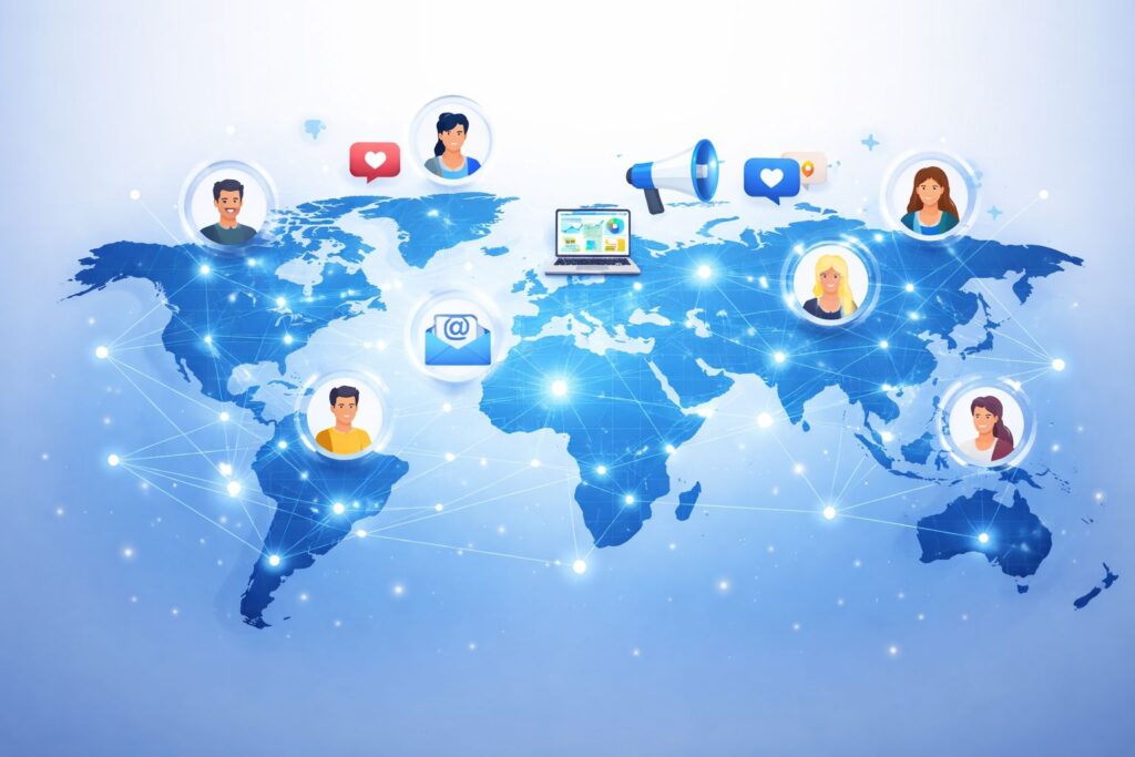 World map showing connected users through digital devices with glowing network lines representing global digital marketing and online communication