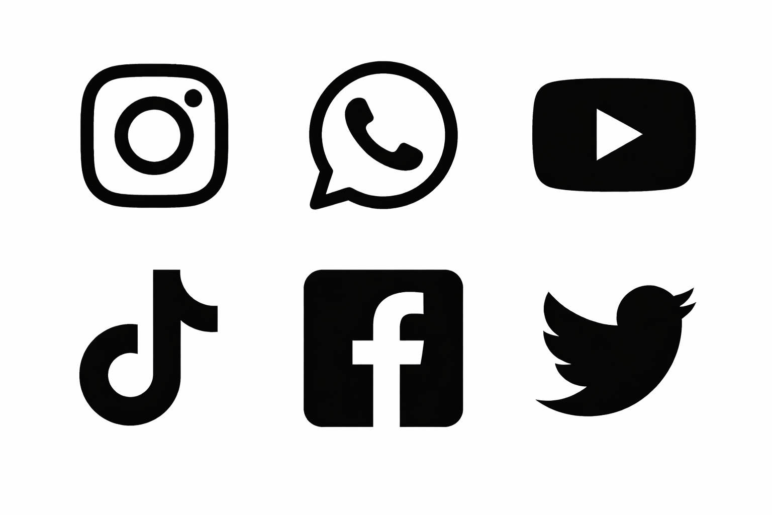 Black and white icons of popular social media platforms, including Instagram, WhatsApp, YouTube, TikTok, Facebook, and Twitter arranged in a grid